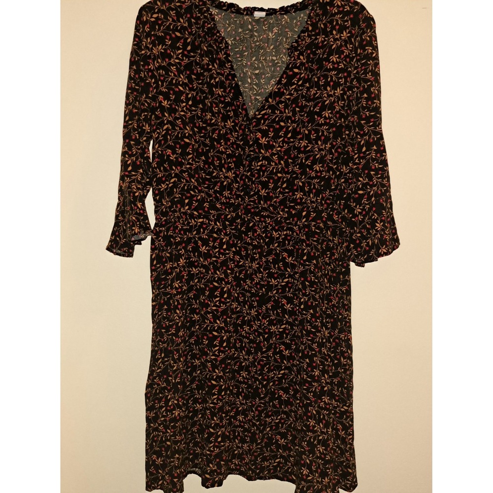 Womens‎ Black Floral Print Button Down Midi Dress Bell Sleeve V Neck